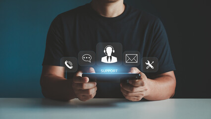 Technical support customer service concept, Man hand using tablet or smartphone with VR screen support customer icon, Technology internet concept, it support, call center, customer service help 24 hrs