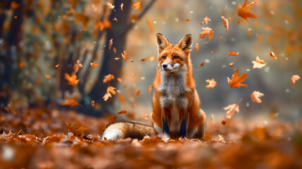 Portrait of beautiful and cute fox animal in forest or woods autumn fall season nature, orange and yellow leaves falling. Outdoor woodland wildlife, October foliage, predator