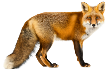 Side view portrait of full body length red orange fox animal isolated on transparent background, looking at camera. Forest wildlife predator with furry tail, mammal standing