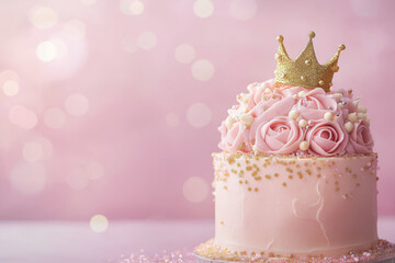 princess themed birthday cake with pink roses and golden crown  accents on glittery