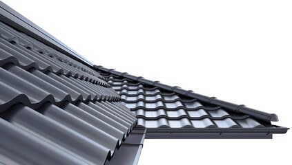 Metal dark gray or black shiny modern home or house roof tile isolated on transparent background. Roofing pattern, construction material structure, building architecture, stainless row, protection