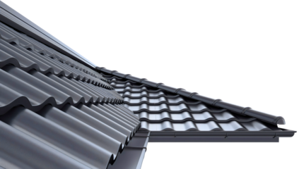 Metal dark gray or black shiny modern home or house roof tile isolated on transparent background. Roofing pattern, construction material structure, building architecture, stainless row, protection