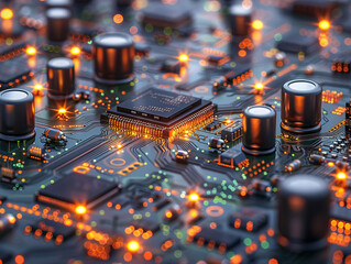 Semiconductor Industry conception Hightech computer board with chip Circuit Board CPU Processor Microchip Starting Artificial Intelligence Digitalization of Neural Networking and Cloud Computing