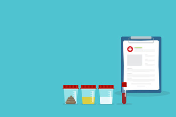 Urine, stool, sperm and blood analysis. Urine, stool, sperm and blood test icon. Medical analysis laboratory test. Medical samples in a plastic box and medical report clipboard.	