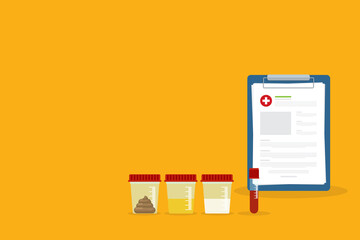 Urine, stool, sperm and blood analysis. Urine, stool, sperm and blood test icon. Medical analysis laboratory test. Medical samples in a plastic box and medical report clipboard.	