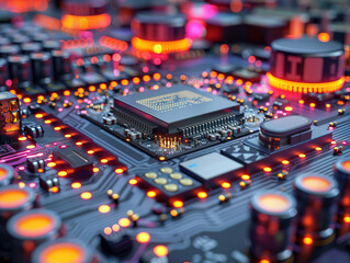 Obraz premium Semiconductor Industry conception Hightech computer board with chip Circuit Board CPU Processor Microchip Starting Artificial Intelligence Digitalization of Neural Networking and Cloud Computing