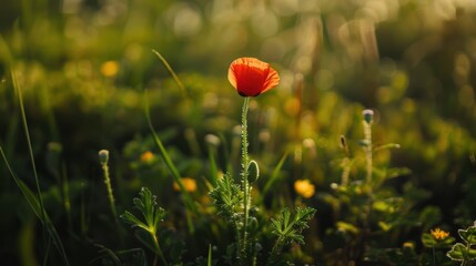 Lone red poppy flower stands proudly amidst a sea of green grass and yellow wildflowers