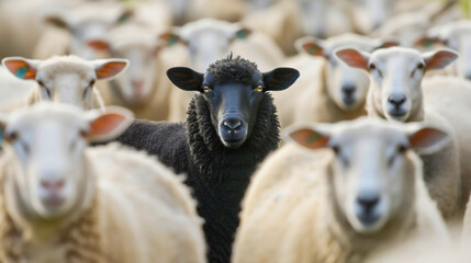 Fototapeta premium Black sheep standing amongst the flock of white sheep animals. Different person or individuality concept, racism rejection and discrimination, stand out from group, unique, unlike. crowd, leadership