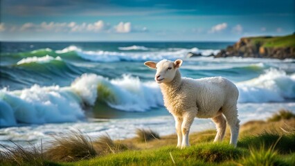 Obraz premium A Coastal Tapestry: A Lamb's Woven Journey AI Generated