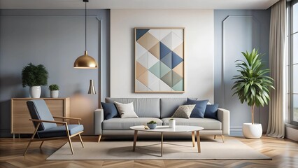 Modern and Minimalist Living Room with Abstract Geometric Poster Mockup  AI Generated