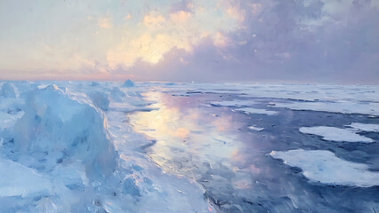 Obraz premium Ice Sheets - ice, snow, ocean, sea, winter, cold, sky, clouds, arctic, frozen, iceberg, sunset, dawn, horizon, nature, landscape, reflection, serene, peaceful