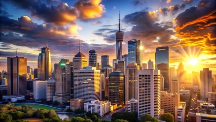 Naklejka premium Sunset Over the City: A Symphony of Lights Generative AI