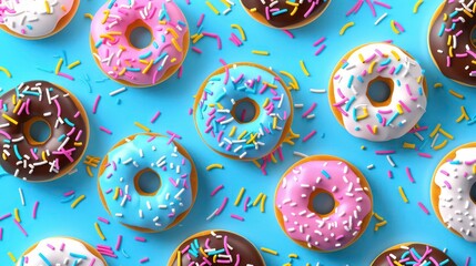 Colorful donuts with sprinkles on a blue background.