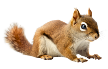Closeup of cute beautiful little small brown squirrel isolated on transparent background. Fluffy and furry forest woodland rodent animal, adorable and funny mammal, baby, beauty, tail