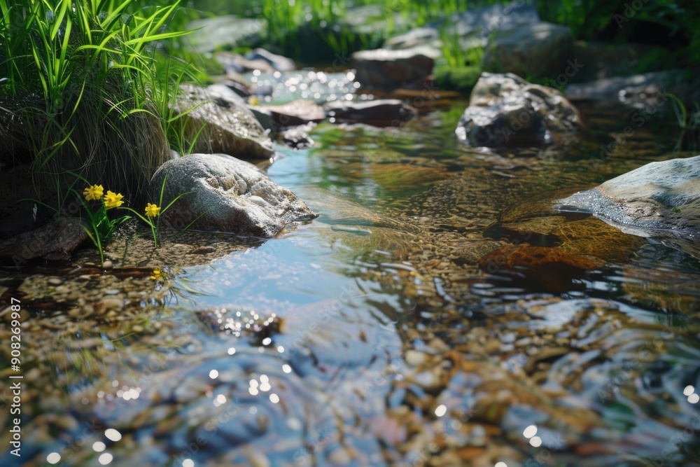 Poster a serene and natural scene of a stream flowing through a dense green forest