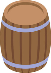 Brown wooden barrel with iron hoops for storing alcoholic beverages, such as wine, cognac, whiskey, bourbon, tequila, rum, or beer