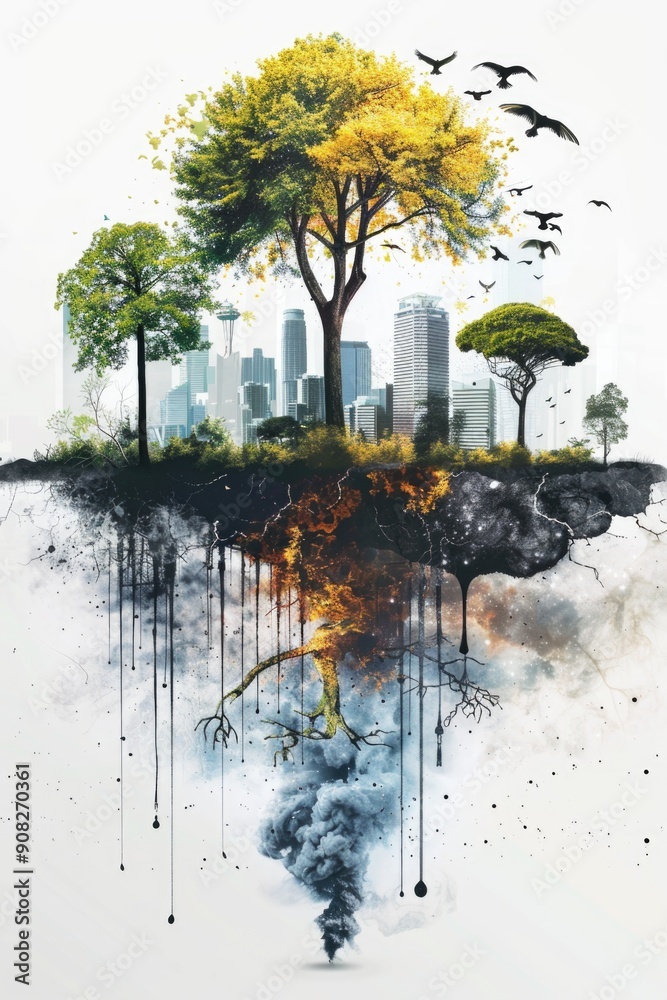Poster a tree stands tall with a city skyline visible in the background, great for use in illustrations or 
