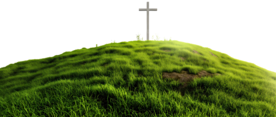 Cross on a green grass hill isolated on transparent background. Jesus Christ crucifixion on mountain, religious bible gospel belief church, Savior, Good Friday, golgotha, calvary, salvation