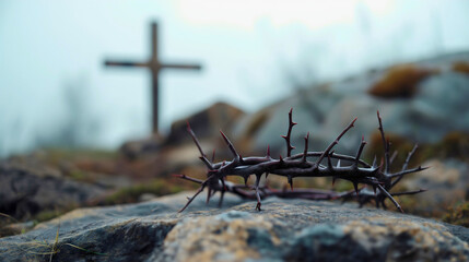 Closeup of crown of thorns on stone rock, blurred wooden cross in background, copy space. Jesus Christ crucifixion sacrifice death, Christianity Bible gospel, resurrection, Easter, suffering, pain