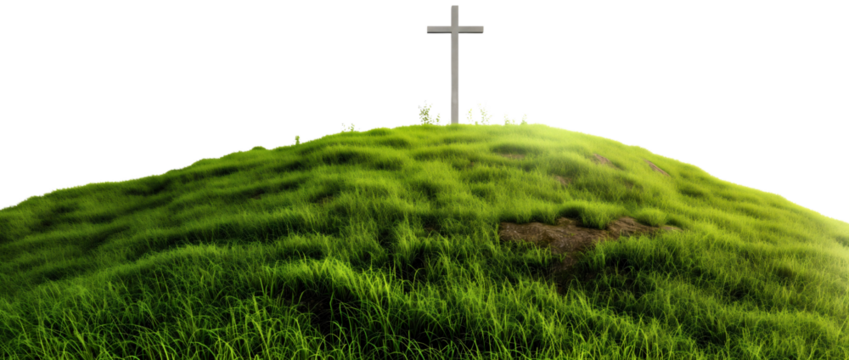 Cross on a green grass hill isolated on transparent background. Jesus Christ crucifixion on mountain, religious bible gospel belief church, Savior, Good Friday, golgotha, calvary, salvation - Powered by Adobe