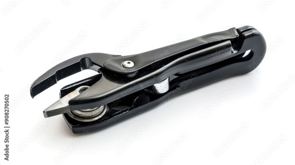 Aufkleber close-up of a black tool resting on a white surface, ideal for use in still life photography or as a
