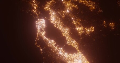 Bay Area (California, USA) aerial view at night. Top view on modern city with street lights. Camera is flying above the city, moving backward