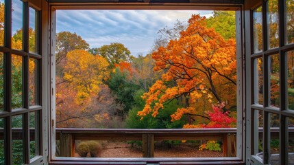 Fototapeta premium Square window frame overlooking green and orange trees from a deck
