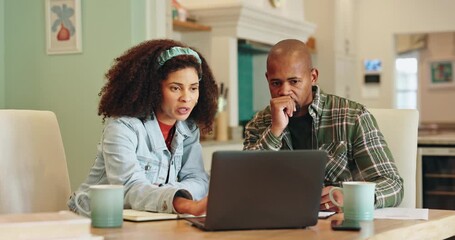 Couple, talking and laptop with stress in home for insurance bill, poor connection and tax compliance. Man, woman and worried discussion for computer glitch, budget mistake and mortgage bond increase