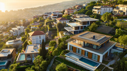 Obraz premium Aerial drone view landscape of luxury home house buildings on a hill. Modern travel vacation villa exteriors with swimming pools, mountain real estate property, scenic, tourism, luxurious, sunset