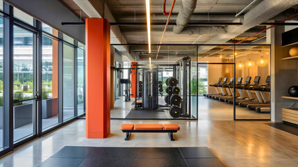 Gym interior with treadmill machines at daytime. Fitness gymnasium exercise recreation workout club center room indoor, nobody, empty, architecture