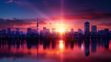 Fototapeta premium Urban panorama at sunrise with a city skyline, capturing the beauty of the morning light, Realism, Warm hues, Digital painting