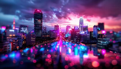Fototapeta premium Urban panorama of a bustling metropolis at night, with glowing city lights, Realism, Cool tones, Digital painting