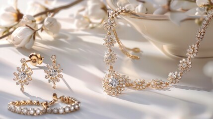 Diamond Jewelry Set with White Flower Detail