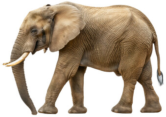 Obraz premium Side view full body length portrait of elephant standing or walking isolated on transparent background. Large strong safari Africa wildlife nature mammal with trunk and tusk, huge powerful herbivore