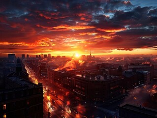 Urban panorama of a cityscape at dawn, capturing the beauty and serenity of early morning, Realism, Warm hues, Digital painting