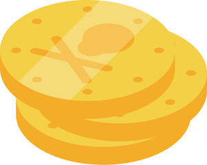 Stack of shiny gold pirate doubloons is lying on a white background