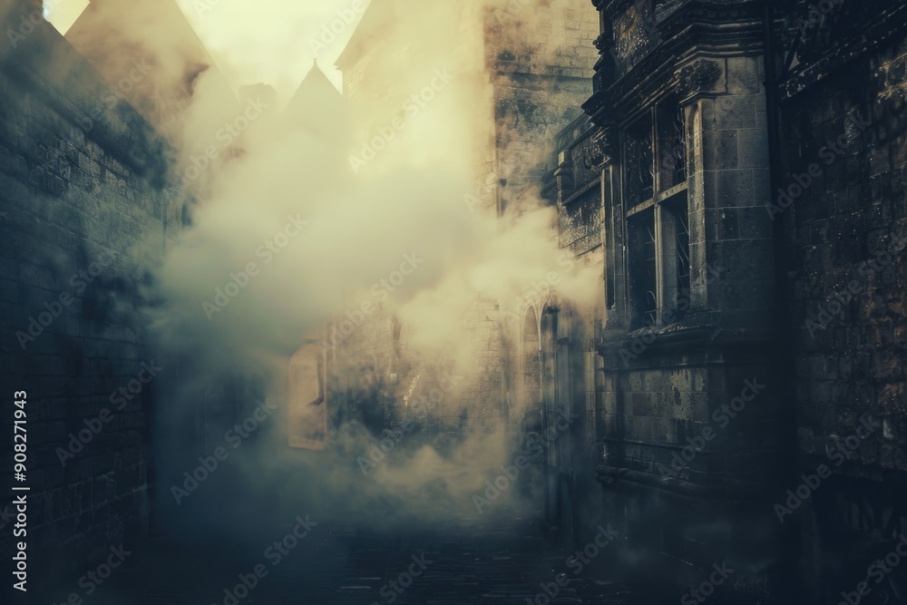 Poster a dark and mysterious alley with thick smoke billowing out from unknown sources