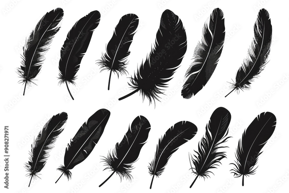 Poster a close-up shot of a collection of black feathers against a white background, great for representing