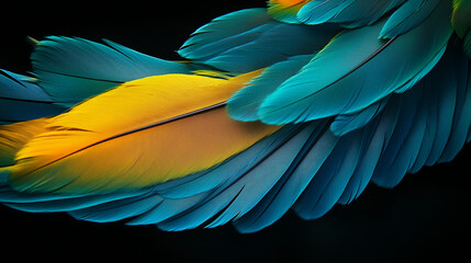 青と緑と黄色の美しいオウムの羽を黒背景にクローズアップでリアルに描いたAI生成画像