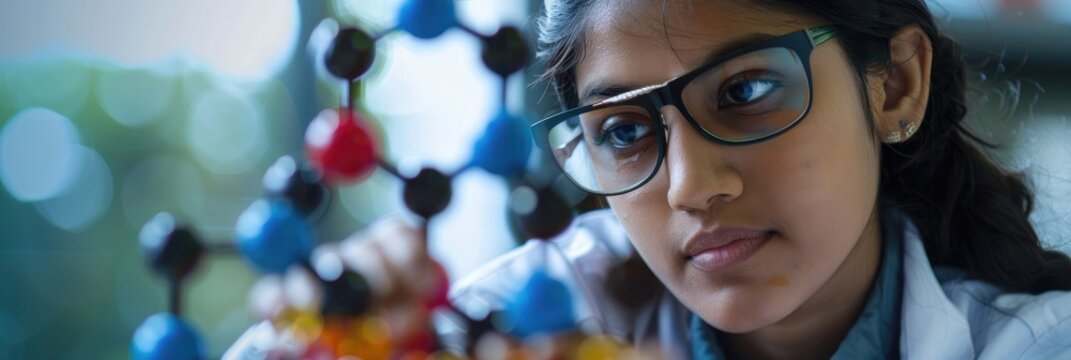 Indian female student studying science using a molecular model kit selective focus