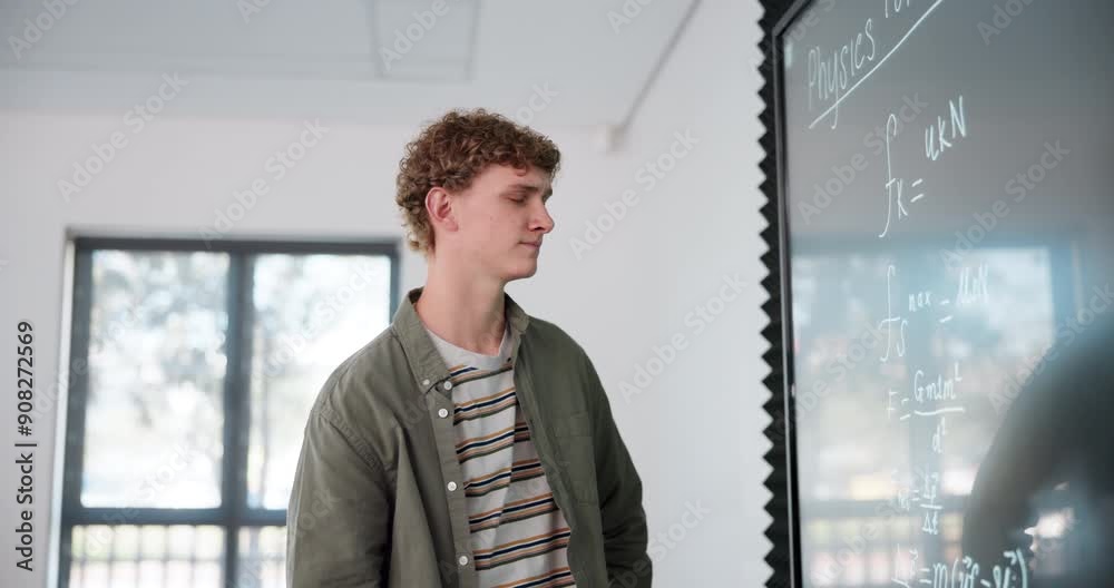Leinwandbilder Board, man and problem solving for physics in university and studying hard math. Student, learning and equation in college for lesson, thinking and fail challenge with difficult formula for science