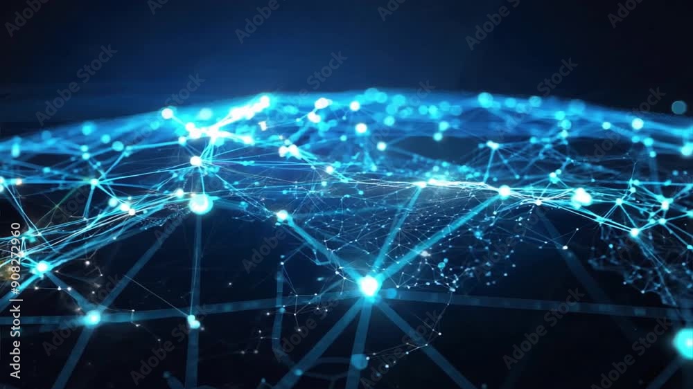 Poster digital grid with bright points of light representing a global network