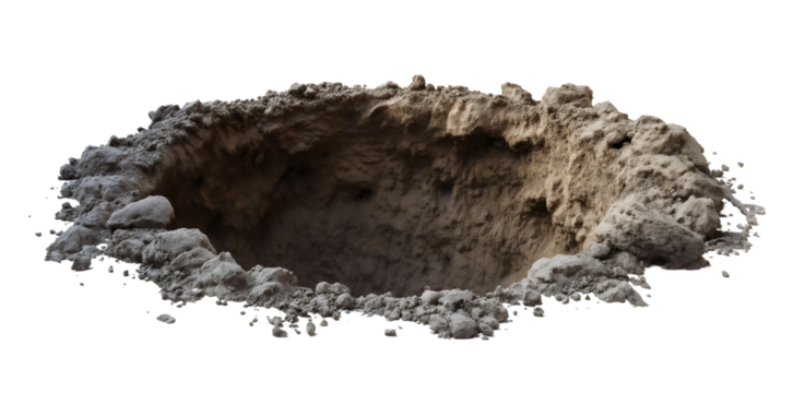 Hole in ground isolated. Deep earth nature land surface texture, dig, pit, burrow, soil