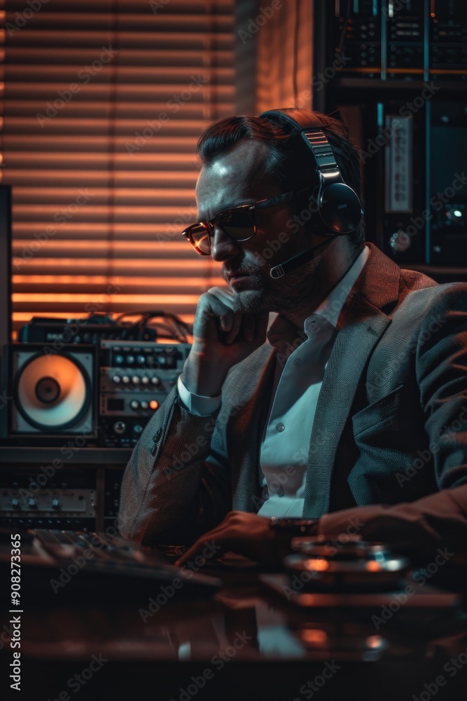 Poster a man in a suit sits in front of a computer, working on a laptop
