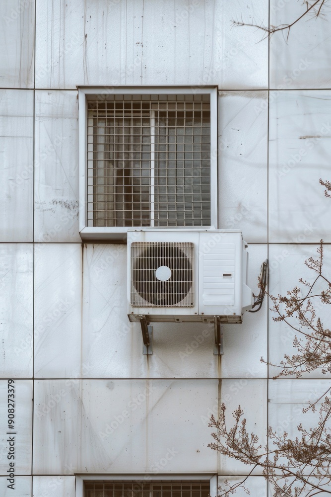 Poster an exterior view of an air conditioner installed on the side of a building