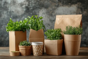 Assortment of Herbs in Paper Pots and Containers