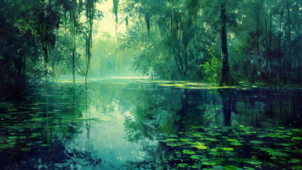 Obraz premium Swamp Jungle - nature, forest, lake, water, trees, greenery, reflection, tranquility, mist, serene, wilderness, landscape, foliage, wetland, scenic, peaceful