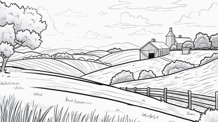 Obraz premium Agriculture countryside field with barn, rolling hills and wooden fence, coloring book page under sky with clouds. Village farm drawing illustration, outline contour meadow, preschool, sketch