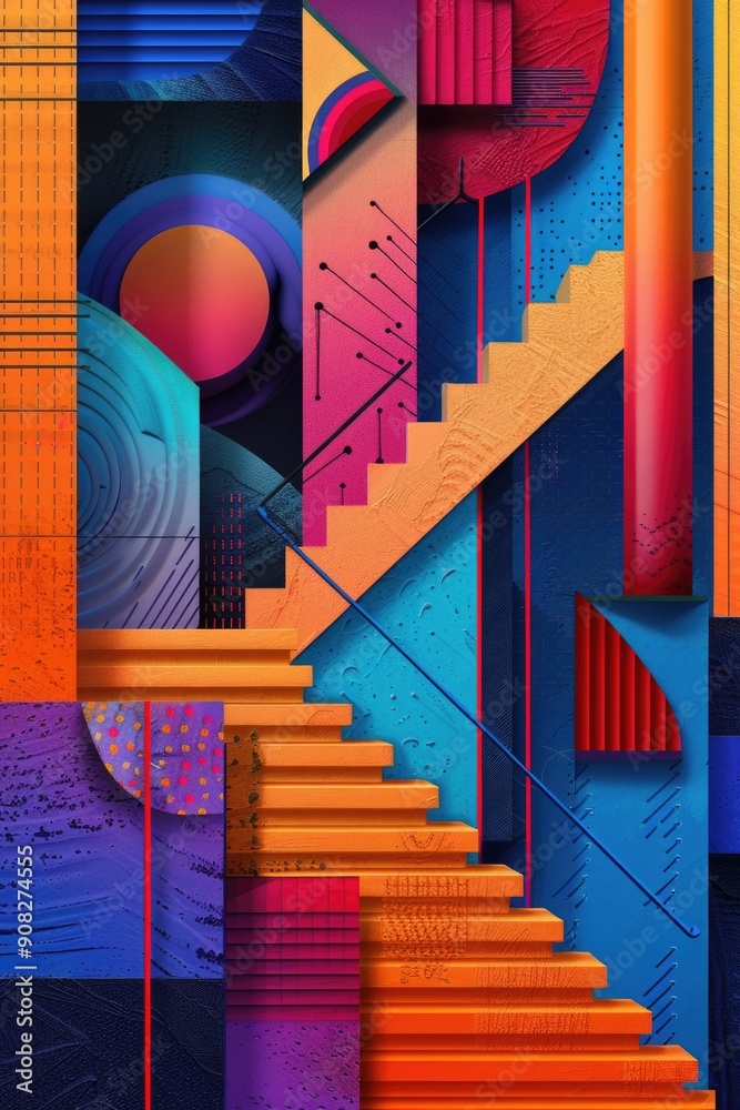 Poster a vibrant abstract artwork featuring a staircase motif with bold colors and textures
