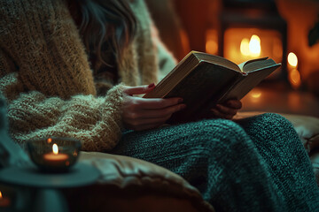 A person wearing a warm sweater reads a book by the soft glow of a fireplace. Captures a serene and cozy winter evening
